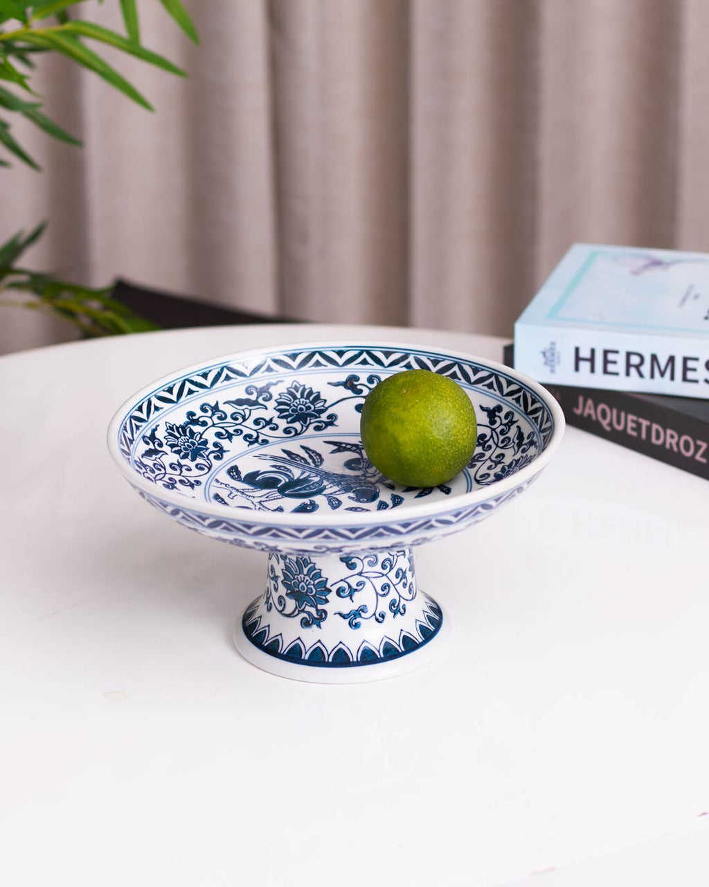 Peony Chinoiserie Traditional Blue & White Footed Bowl - Large