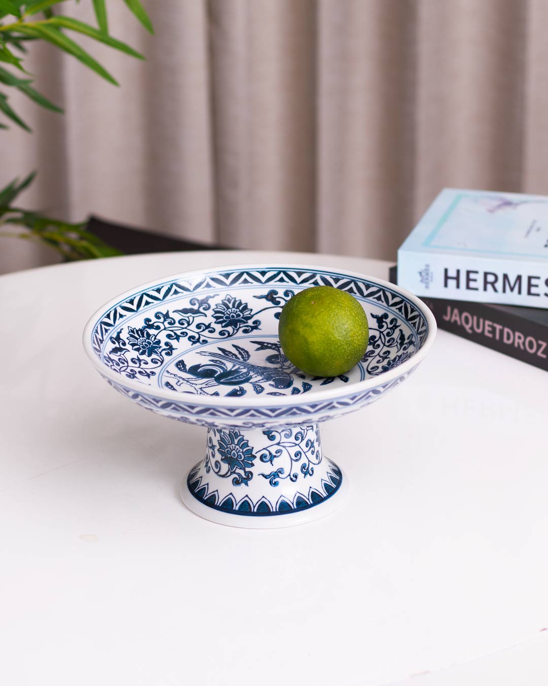 Peony Chinoiserie Traditional Blue & White Footed Bowl - Large