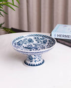 Peony Chinoiserie Traditional Blue & White Footed Bowl - Large