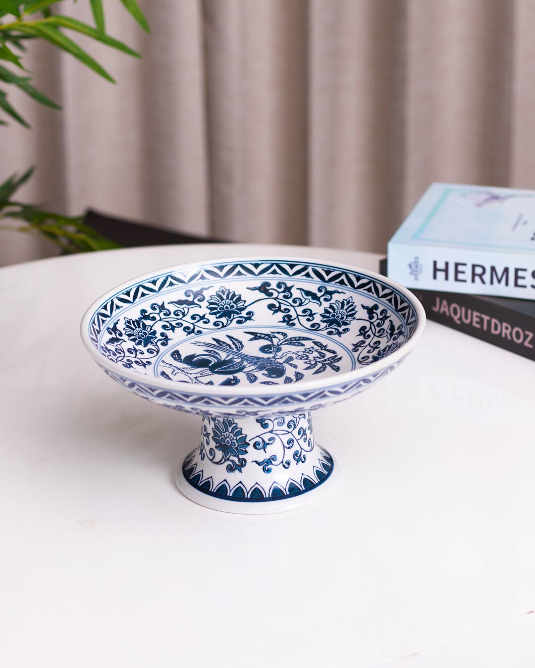 Peony Chinoiserie Traditional Blue & White Footed Bowl - Large