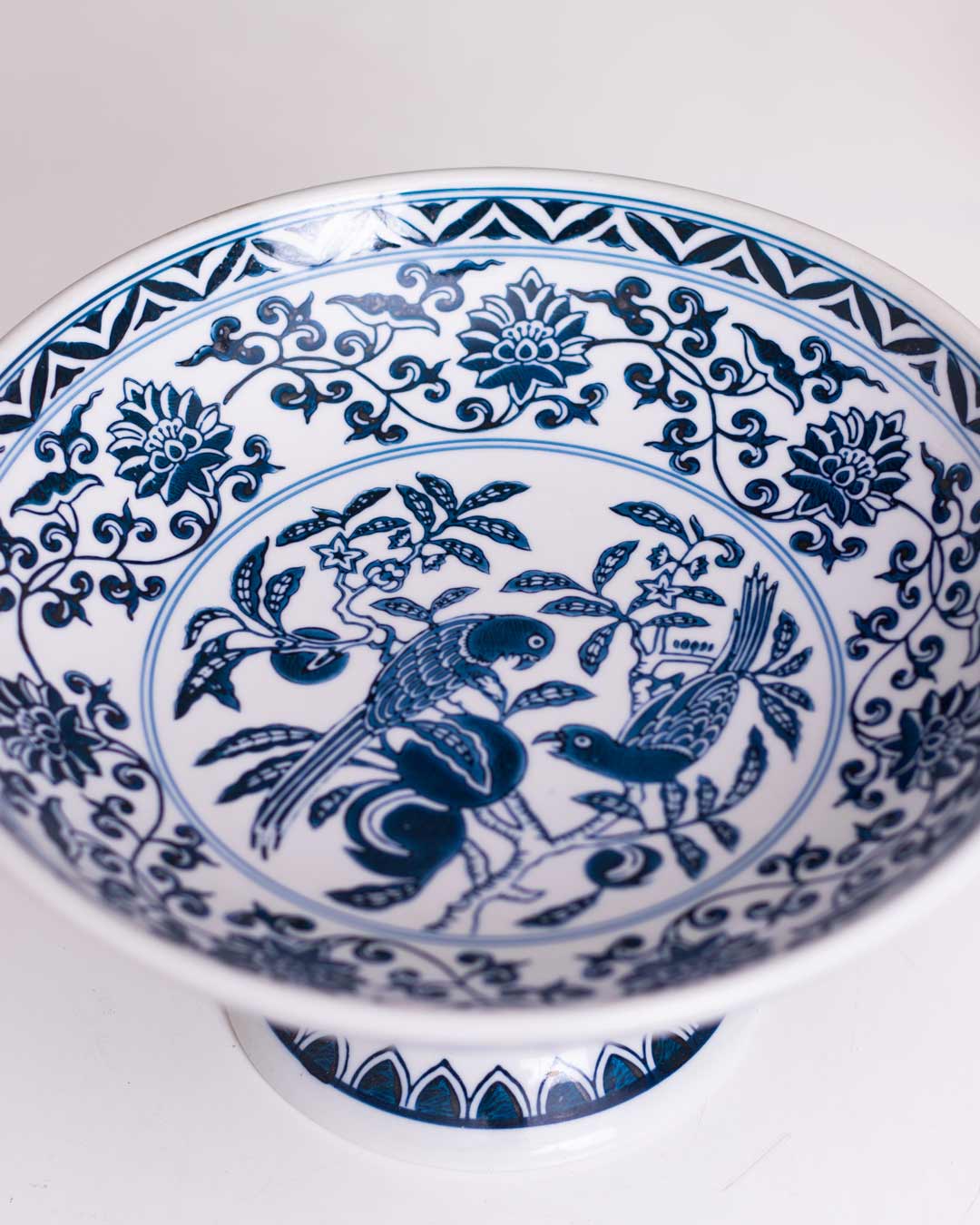 Peony Chinoiserie Traditional Blue & White Footed Bowl - Large