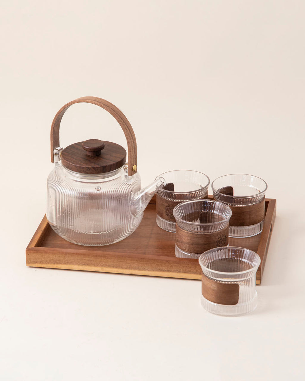 Glass Tea Set With Wooden Accents - 8 Piece Set