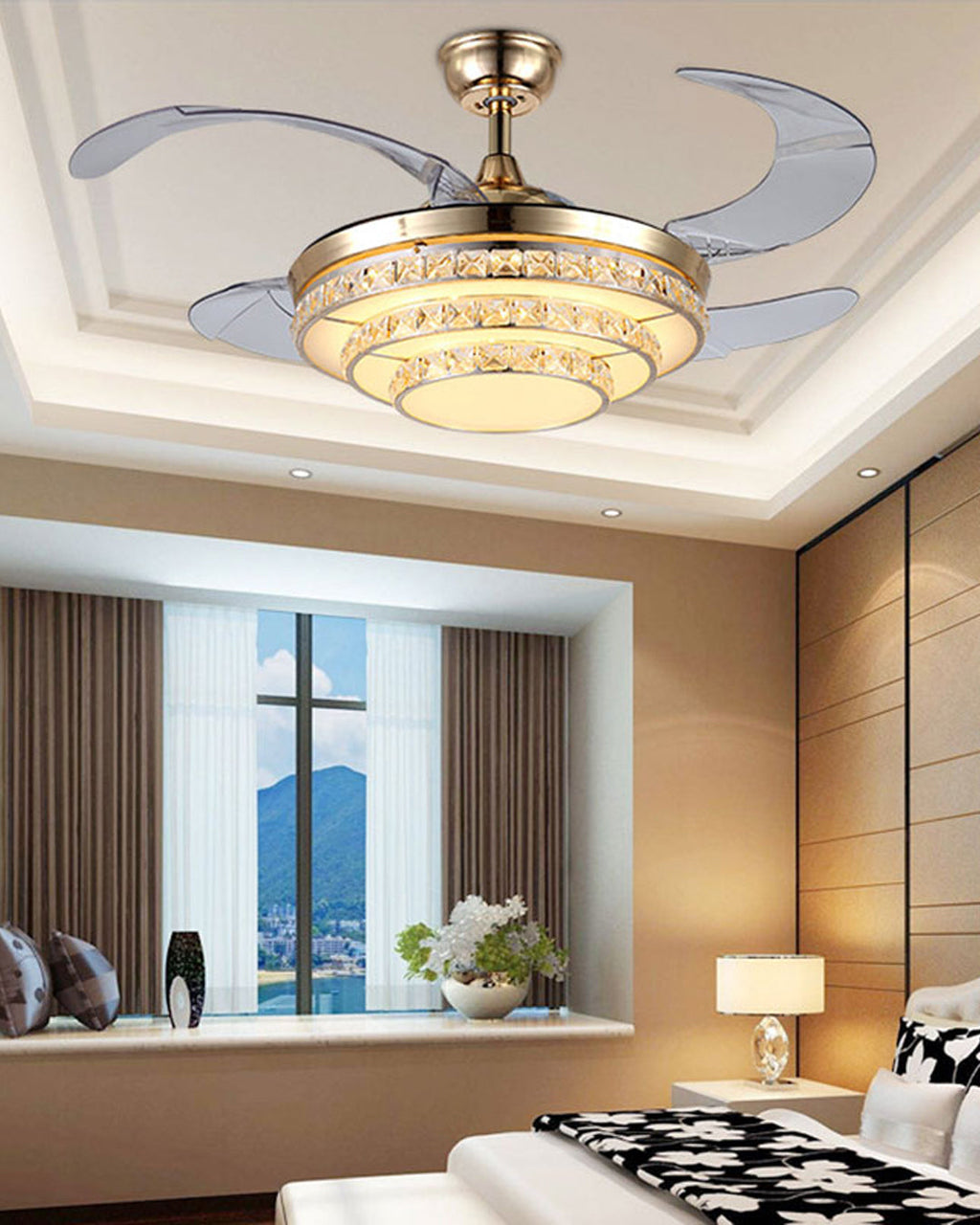 Modern Gold Retractable Ceiling Fan + Chandelier Light (with Remote Control)