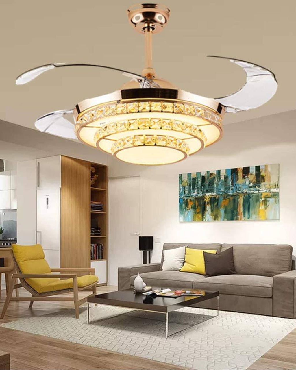 Modern Gold Retractable Ceiling Fan + Chandelier Light (with Remote Control)