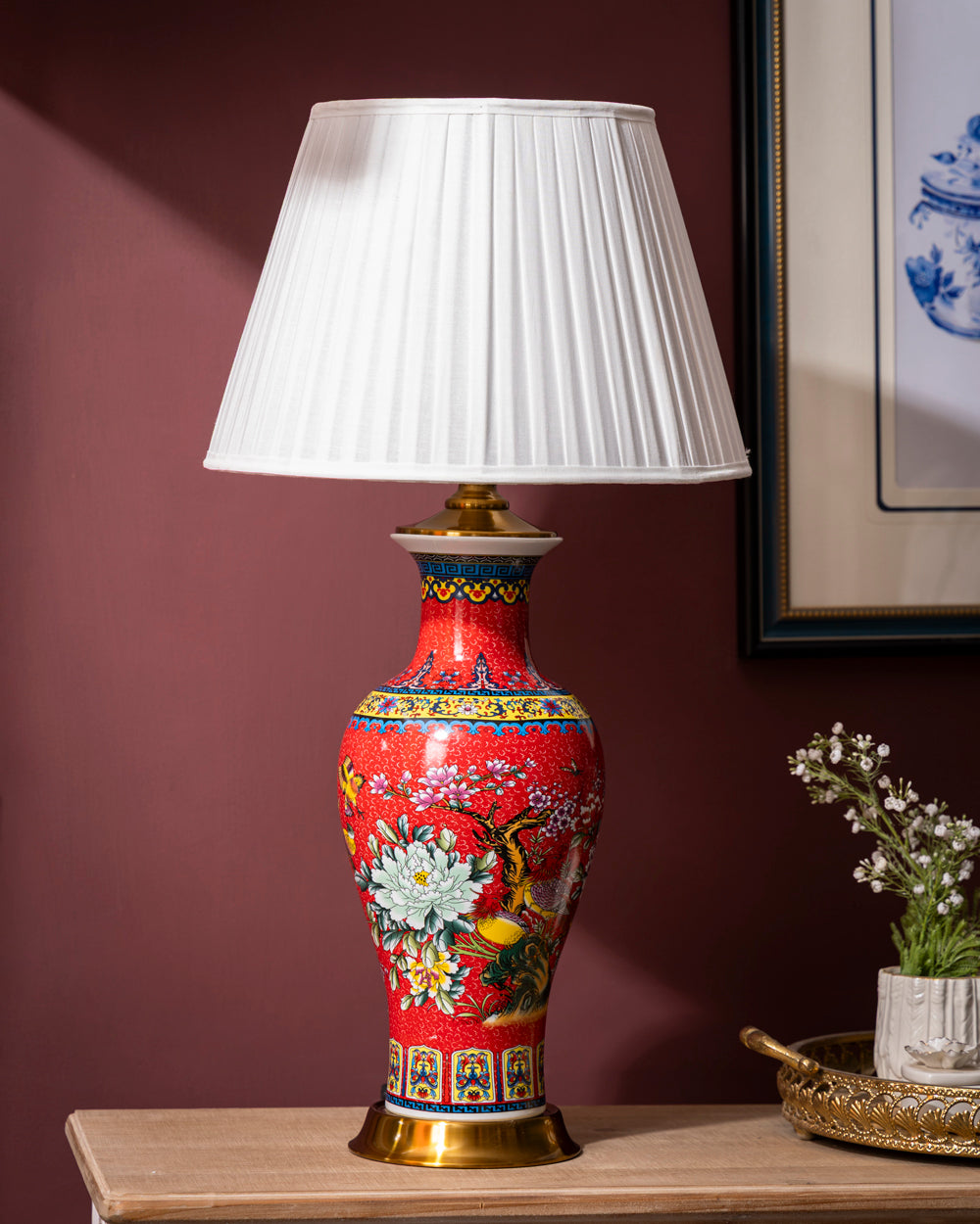 Crimson Peony Ceramic Table Lamp