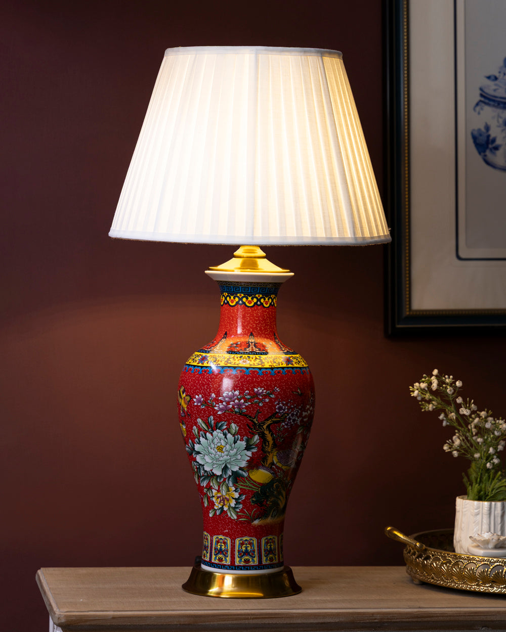 Crimson Peony Ceramic Table Lamp