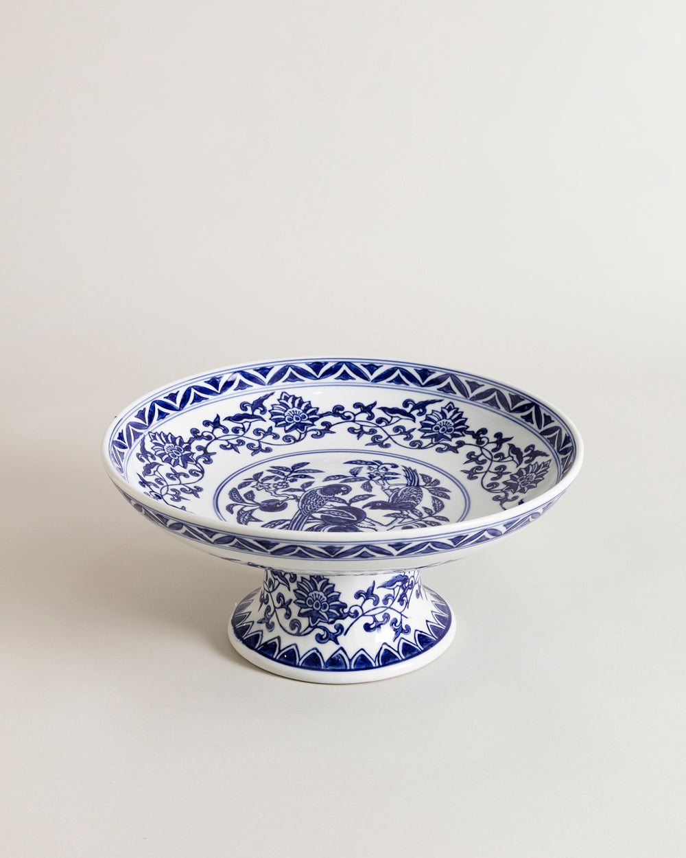 Peony Chinoiserie Traditional Blue & White Footed Bowl - Large