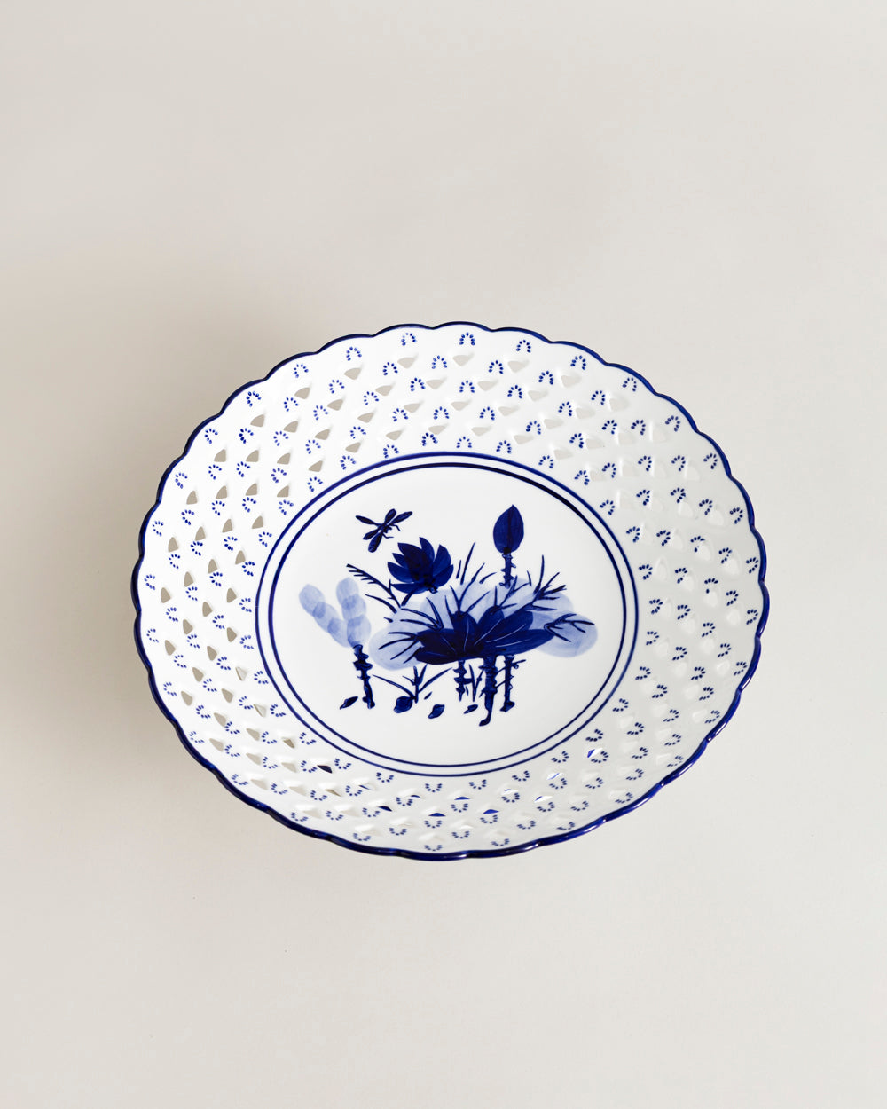 Lotus Pierced Blue & White Hand-Painted Footed Bowl