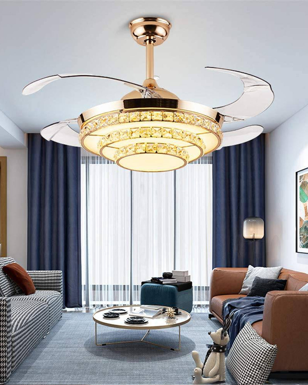 Modern Gold Retractable Ceiling Fan + Chandelier Light (with Remote Control)