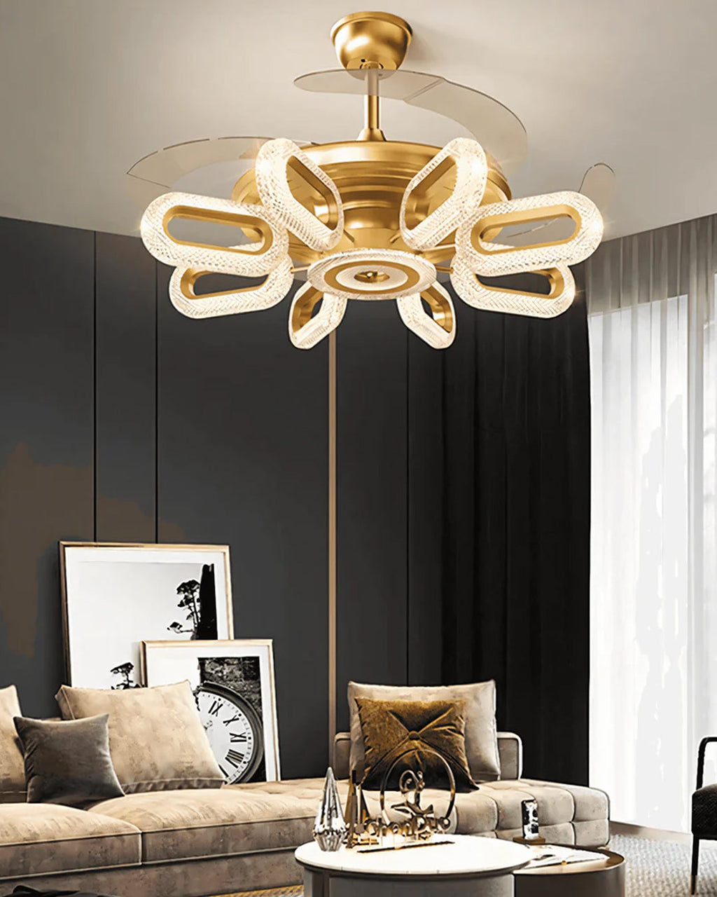 Golden Glide Retractable Ceiling Fan + Chandelier Light (with Remote Control)