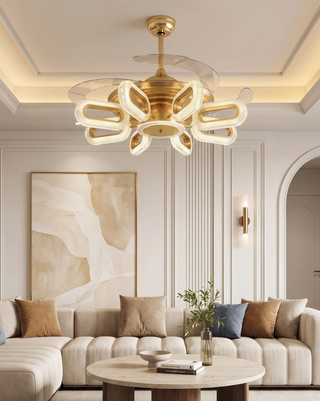 Golden Glide Retractable Ceiling Fan + Chandelier Light (with Remote Control)