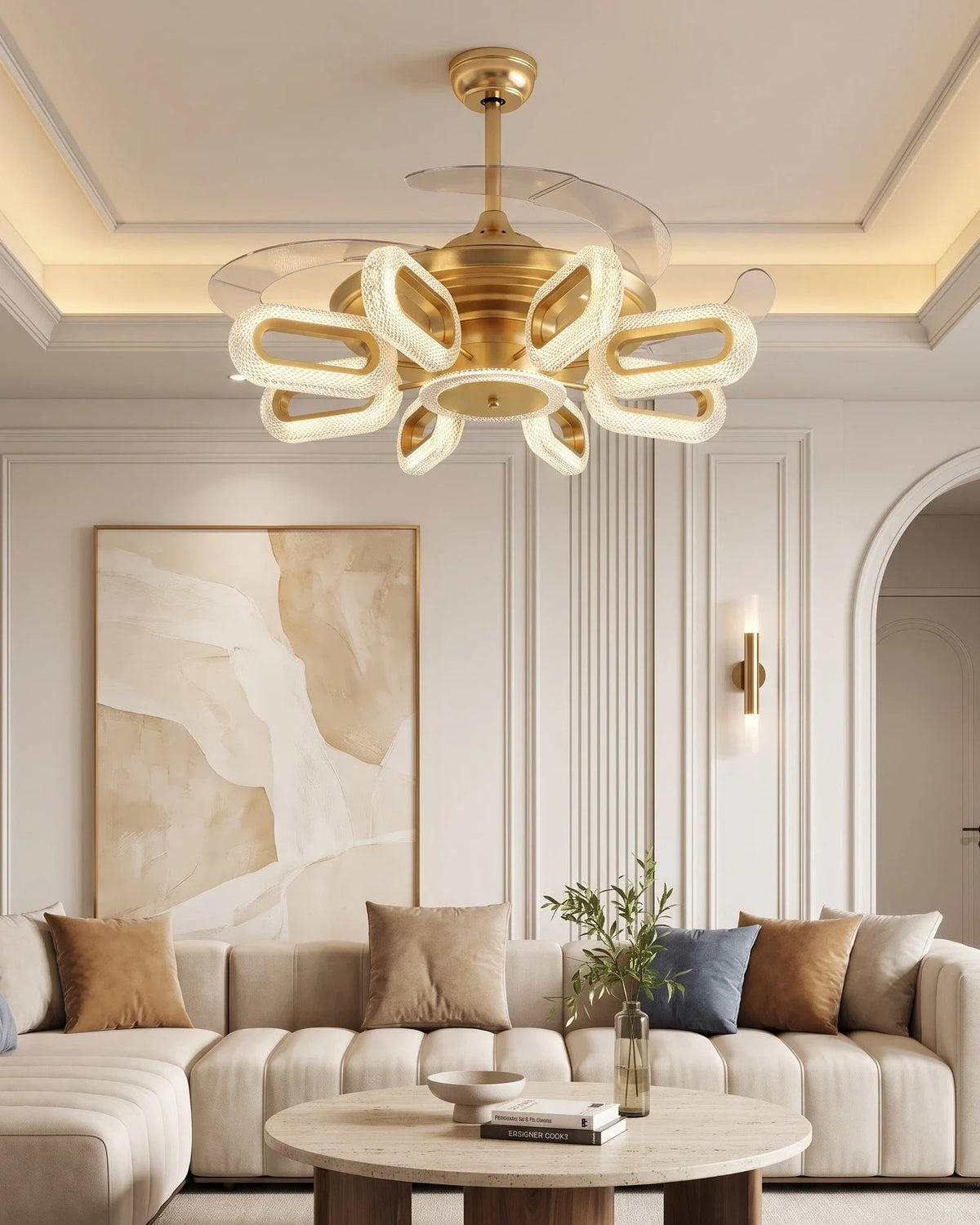 Golden Glide Retractable Ceiling Fan + Chandelier Light (with Remote Control)