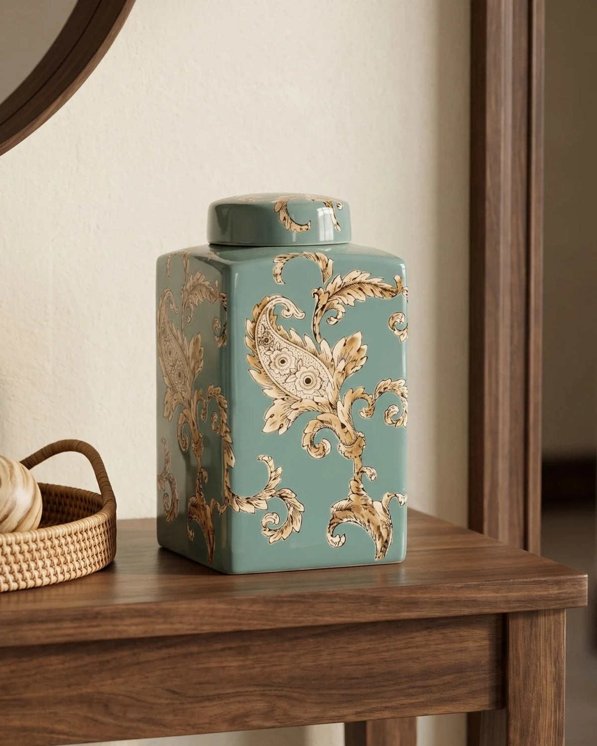 Celadon Paisley Decorative Jar