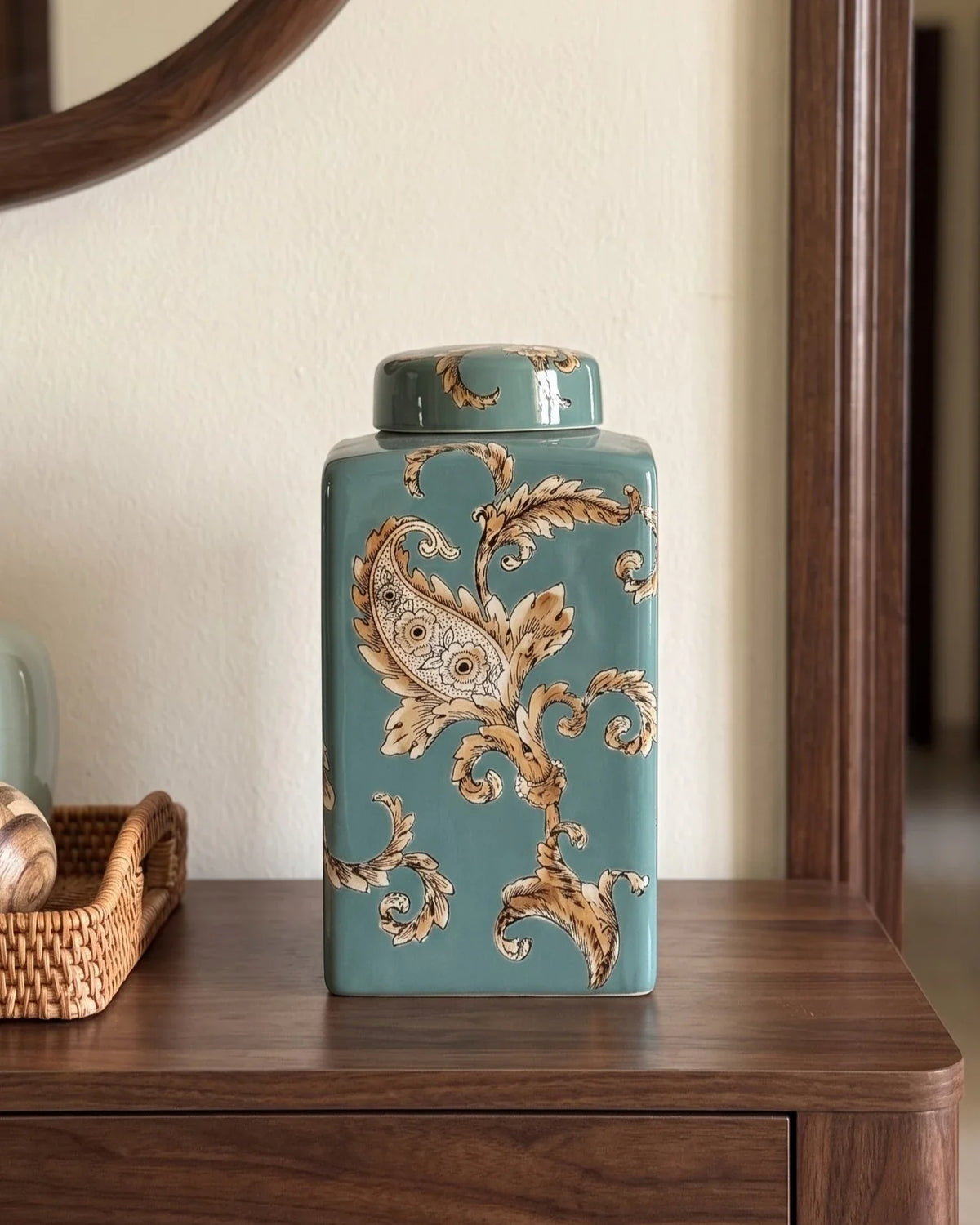Celadon Paisley Decorative Jar